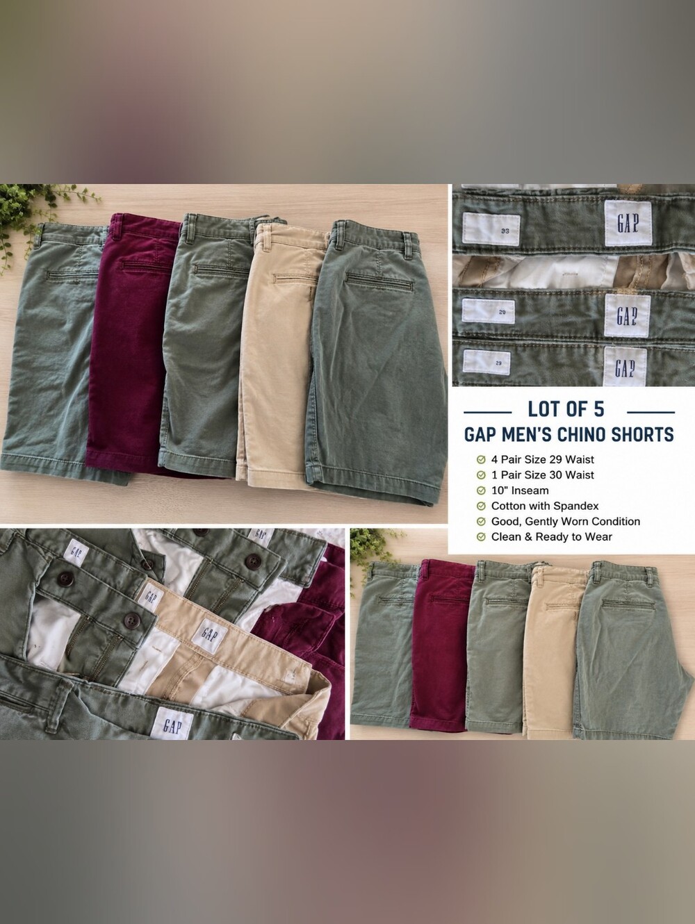 Lot of 5 GAP Men's Chino Shorts Size 29/30 | 10" Inseam | Cotton Stretch | Mixed